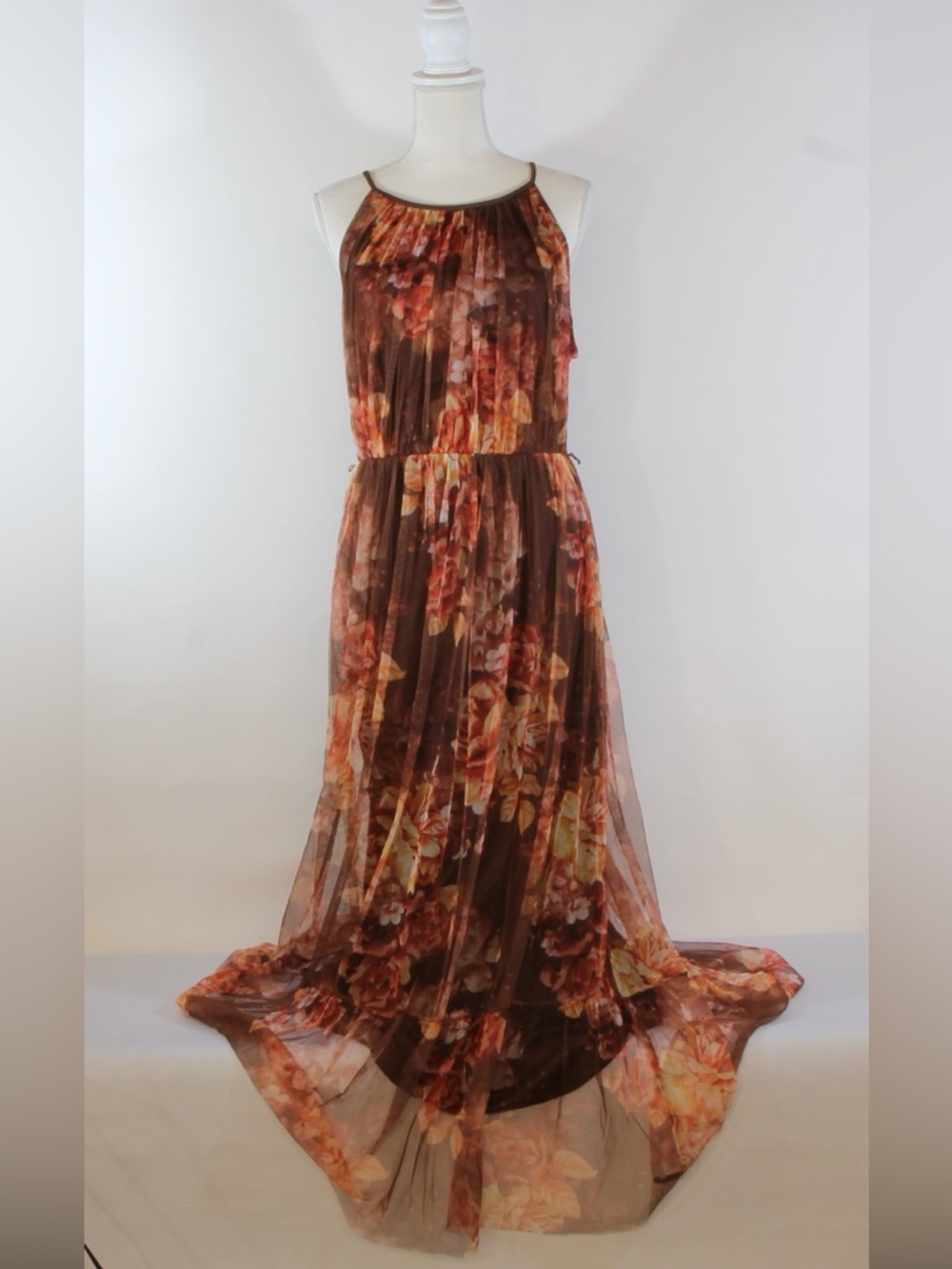 Candalite Floral Brown Sleeveless Maxi Dress with Ruffled Skirt NWOT